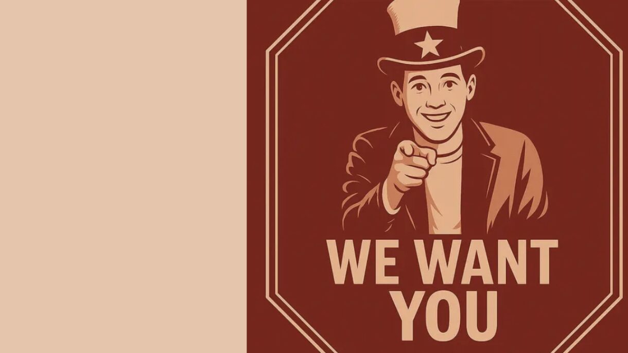 Tegning av mann som peker med teksten "We want you"