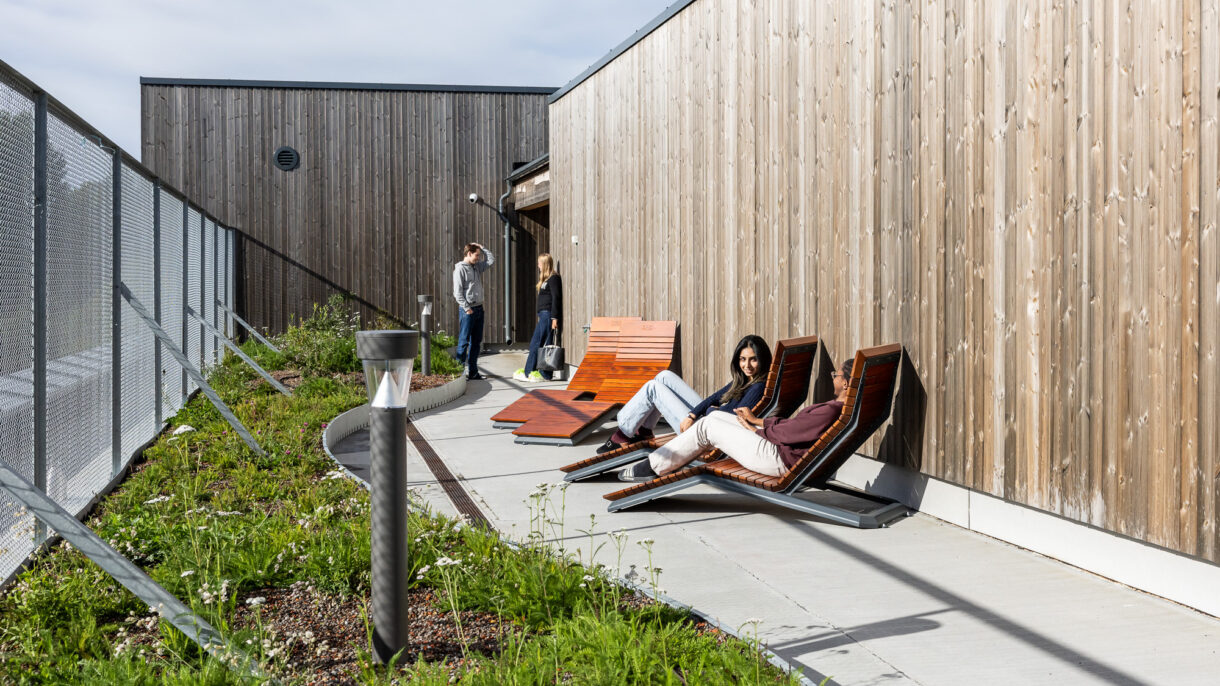 Elever som chiller på takterrassen.