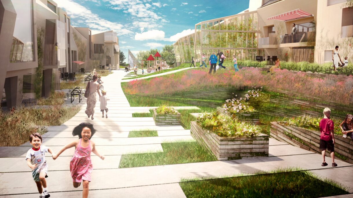 Inger Andresen presenterer Zero Village Bergen og andre smarte nullutslippsbygg. Ill.: Zero Village Bergen/Snøhetta