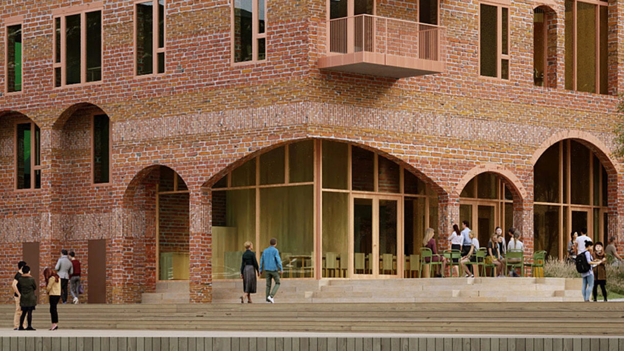 Fasaden på Delegården er tegnet av i ombrukstegl med et konsept som tar høyde for at teglen kan komme i ulike størrelser, farger og typer.Ill.: Kaleidoscope