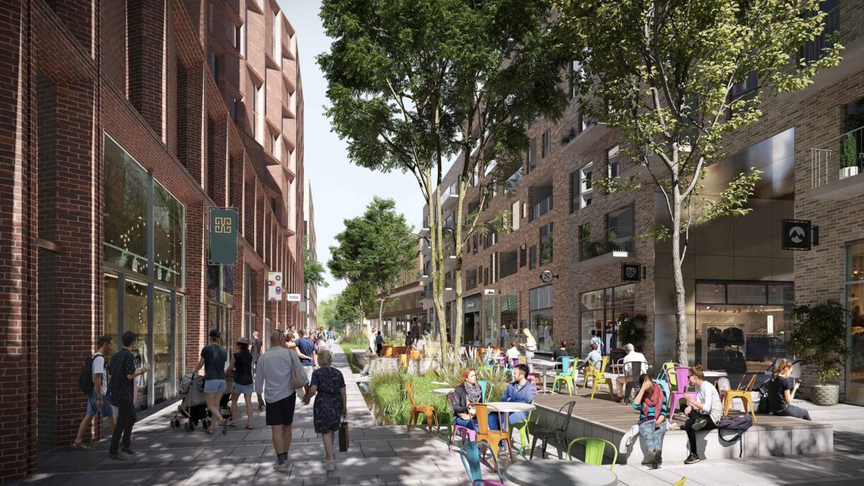 Lilleakerbyen blir en levende og grønn bydel med bilfrie gater og gateliv preget av kultur, handel, aktiviteter og gode steder for opphold. Ill.: A-lab OG LPO