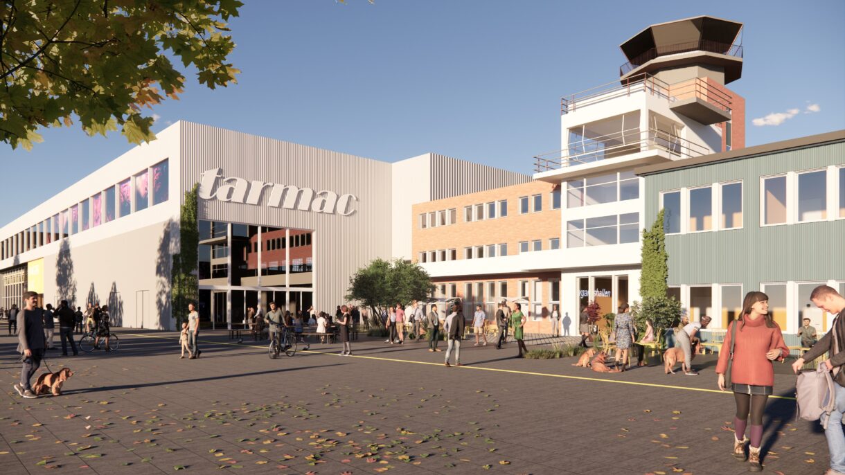 Bærum kommune skal utvikle den gamle flyplassbebyggelsen på Fornebu med vekt på kunst og kulturliv – og med høye ambisjoner for miljø og klima. Ill.: LPO arkitekter