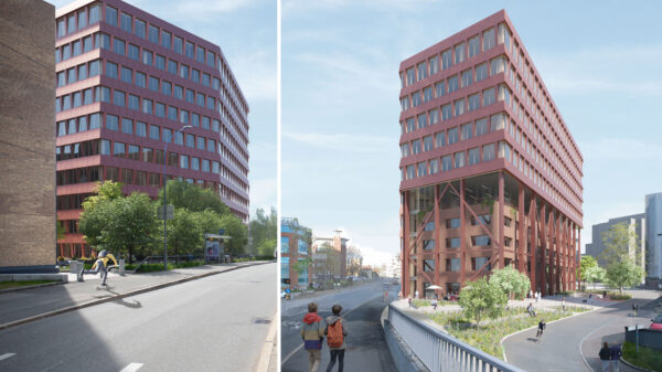 Skanskas nye kontorprosjekt i Fredrik Selmers vei 5 skal forene rehabilitering av eksisterende bygg og nybygg og tar sikte på å bli et FutureBuilt-forbildeprosjekt. Ill.: Skanska/Grape Architect